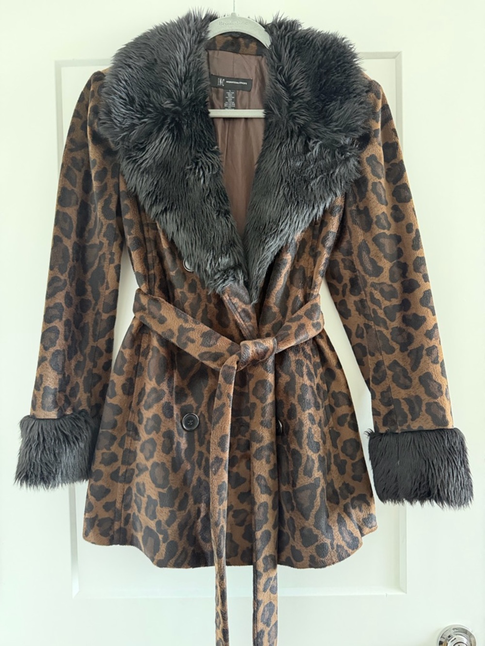 INC International Concepts Leopard Print Pea Coat with Black Faux Fur Trim